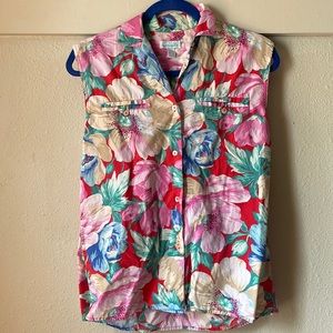 Vintage Red Floral Button-Down Sleeveless Top